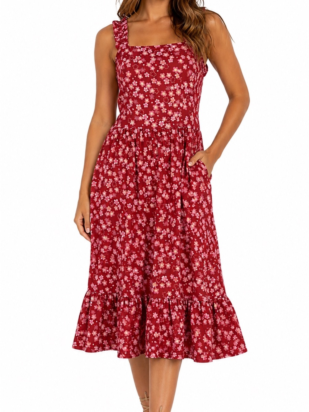 Red Floral Square-Neck Midi Dress‎ with Ruffle Hem